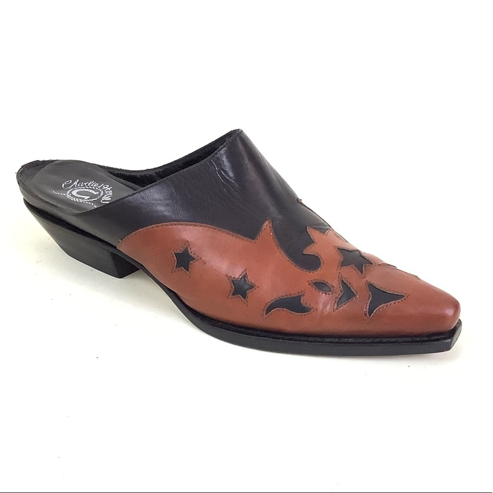 Charlie 1 Horse Sz 8 Embroidered Leather Western Design Mule Clogs Tan Black